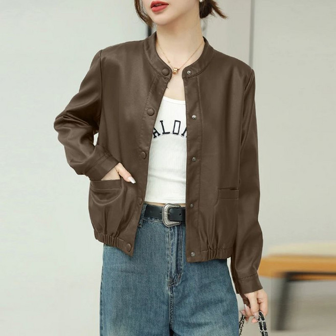 AOKADA 여성 가을 라운드 가죽 자켓 숏 레더 코트