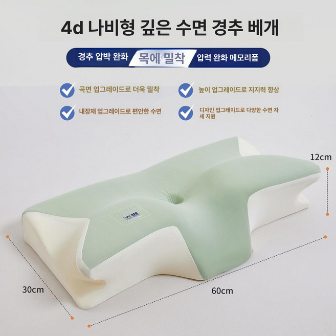 로즈포레 메모리폼 경추베개 성인용 숙면 베개 목지지 깊은 수면 거북목 자세교정, 1개, 그린 60 x 30x12cm 단품