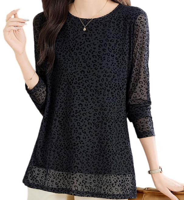 WANGBAIWAN 호피 프린트 망사 긴팔 티셔츠 여자 롱 캐주얼 루즈핏 블랙 상의 가을 빅사이즈 패션 C022708