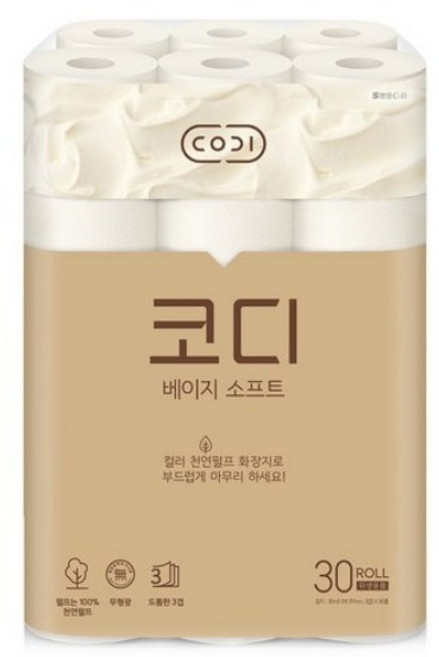 코디 베이지소프트 3겹 천연펄프 롤화장지 30m, 30개입, 26개