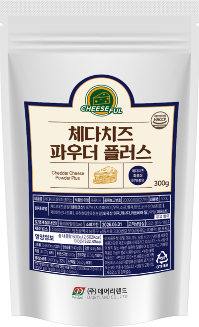 [데어리랜드] 체다치즈파우더플러스 (체다치즈분말), 300g, 1개