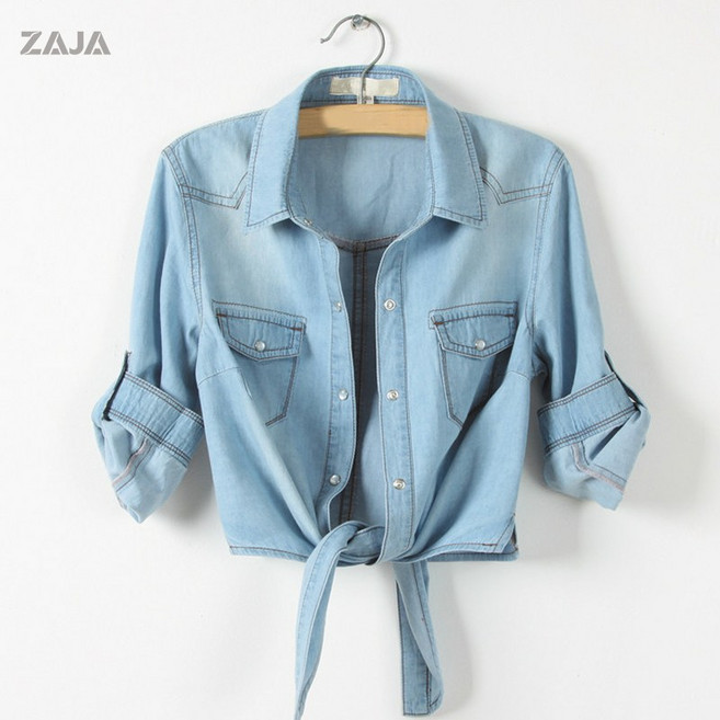 ZAJA 여름 여성 얇은 데님 셔츠 숄 재킷 100%면