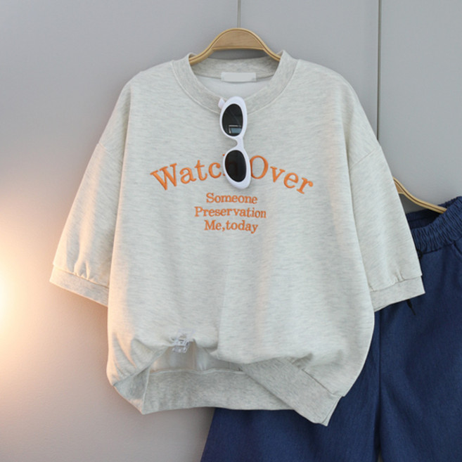 달콩 여성 반팔 봄 여름 국내제작 WATCH자수세미크롭맨투맨