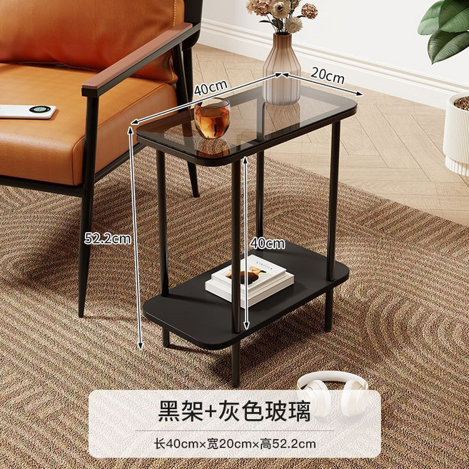雙層玻璃茶几 簡約沙發邊桌 長60cm, 黑+灰色, 40長度