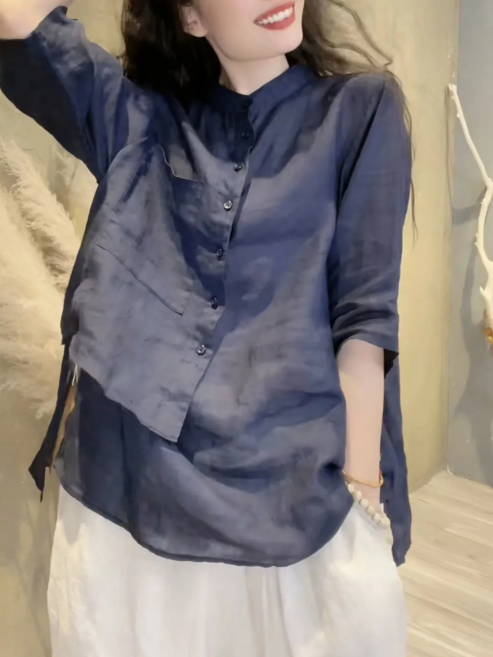 設計感棉麻襯衫 春夏休閒七分袖純色口袋上衣, 藏藍色, 2XL