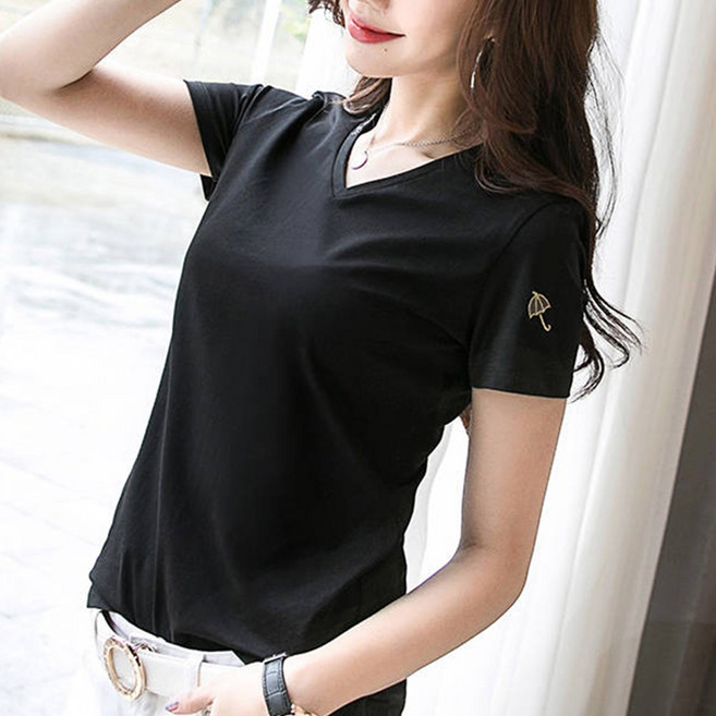 100168C 브이넥 면혼방 반팔 여성 티셔츠