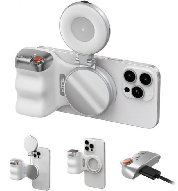 TELESIN 펀 샷 마그네틱 휴대폰 카메라 그립 + C03 셀카 라이트(실버) 번들 키트 iPhone Magsafe 및 Android와 호환 사진 틱톡 줌 통화 비디오 제, Fun Shot Grip