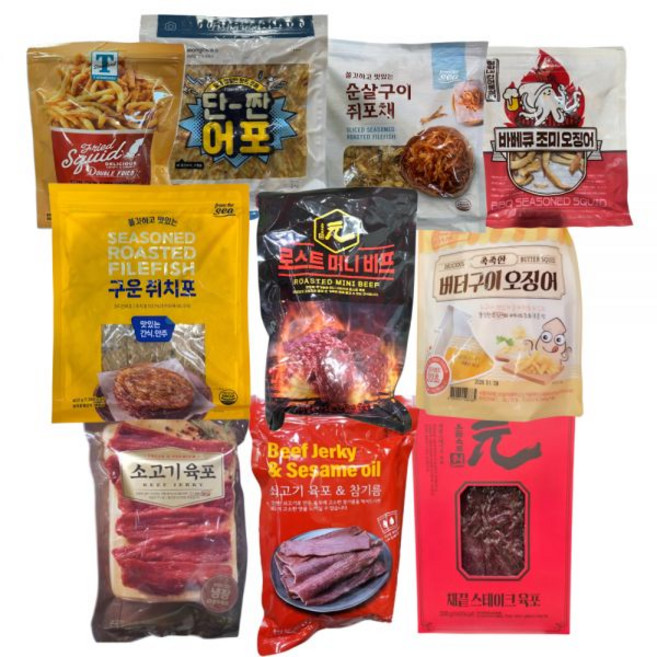 대용량 술 맥주 안주 / 후라이드 오징어 + 단짠어포 + 쥐포채 + 바베큐 오징어 + 쥐치포 + 버터구이 + 원 로스트 미니 비프 + 소고기 + 쇠고기&참기름 + 채끝 육포, 후라이드 오징어 240g