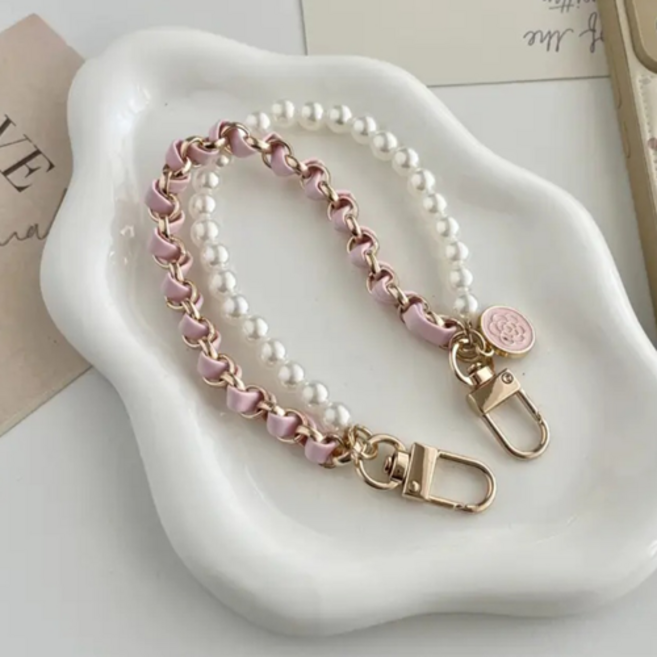 골드체인앤진주구슬휴대폰스트랩키링, 1개, 핑크