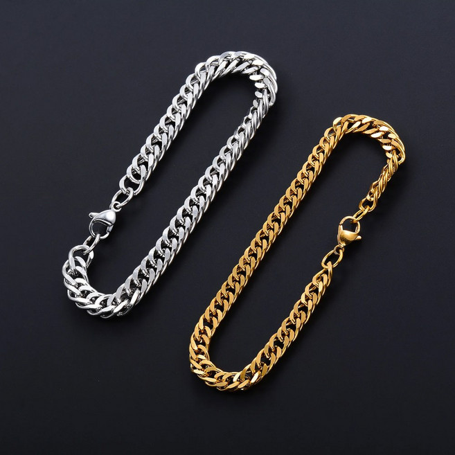 남녀공용 쿠바 링크 베이스 체인 손목 쥬얼리 트렌디 실버 골드 컬러 316L 스테인리스 스틸 커브 선물