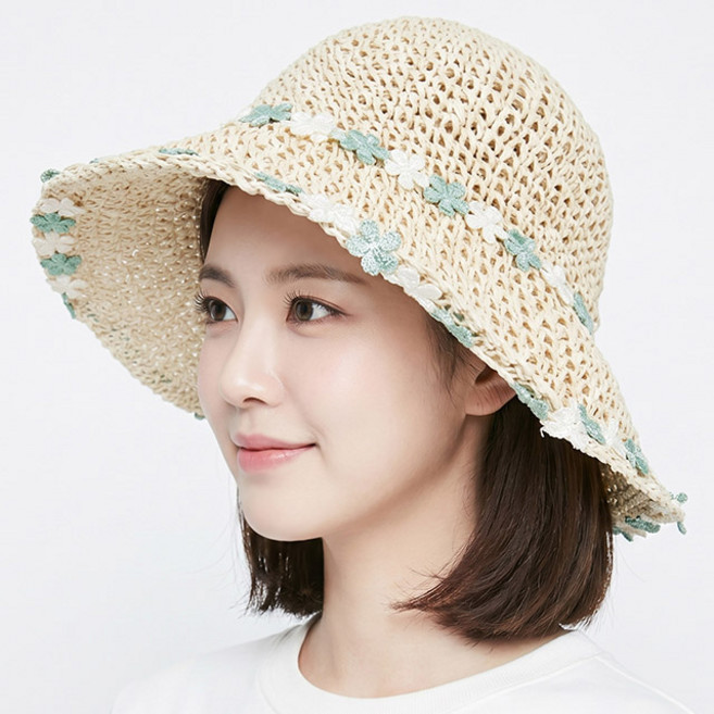 지사모자 민트 블라썸 테이핑 밀짚 여름 여성모자 여행 휴가 큰챙 시원한