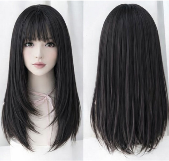 마즈니 여성 긴머리 가발 생머리 자연스러운 통가발 가발망포함, 1개, 블랙