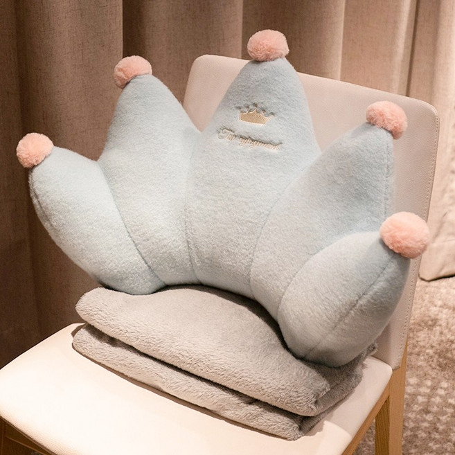 사무실 앉아있는 허리 쿠션 허리 쿠션 허리 쿠션 쿠션 임산부 베개 쿠션 작업 유물, 55*35cm+담요1*1.7m, 블루크라운[허리지원+회색담요]