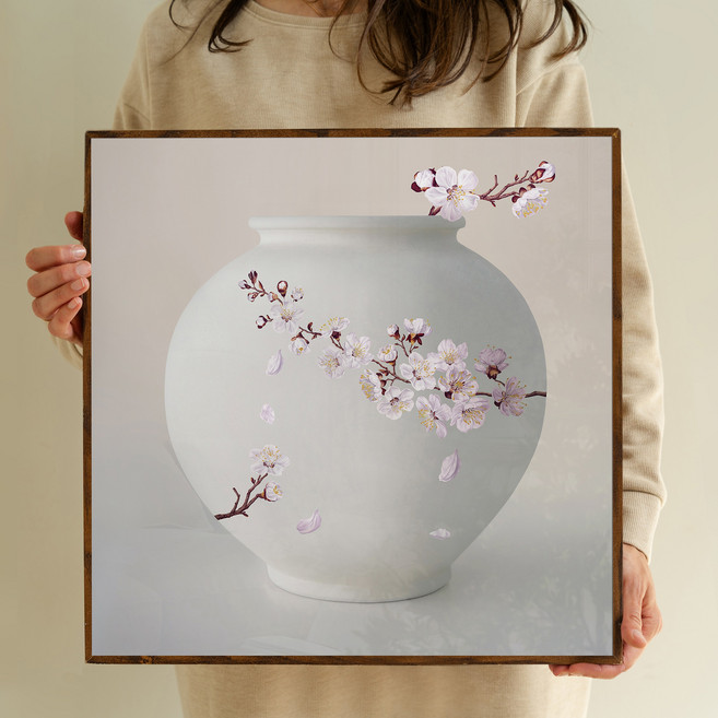 [인메이블] 오드뚜왈렛 달항아리 다복 그림 돈들어오는 풍수 인테리어 액자 집들이 선물, 01.calm-매화, 프리미엄 펄 + 원목액자