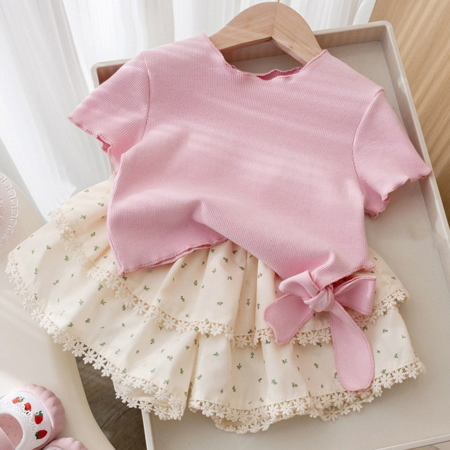 지디오 키즈 여아 골지 티셔츠 꽃무늬 반바지 투피스 리본 반팔티 프릴 밴딩 팬츠 상하세트