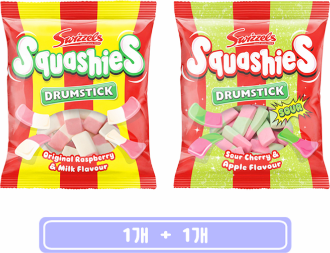 스위즐 스쿼시스 드럼스틱 오리지날 라즈베리향&우유향 + 사우어 체리향&사과향, 100g, 1세트