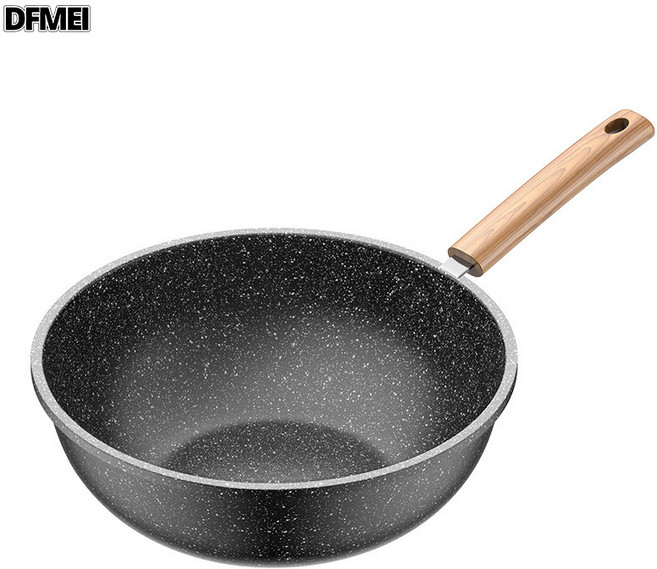 DFMEI 麥飯石不粘鍋家用炒菜鍋炒鍋鐵鍋電磁爐適用平底鍋燃氣煤氣竈專用, 1個, 28cm炒鍋無蓋, 如圖