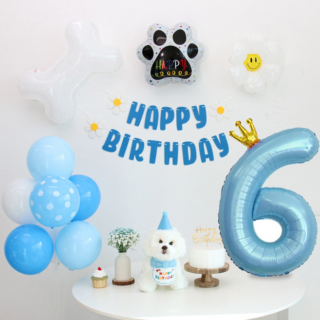 이벤트홀릭 강아지 고양이 생일파티용품세트 턱받이 고깔 숫자, 6, 1개, 블루