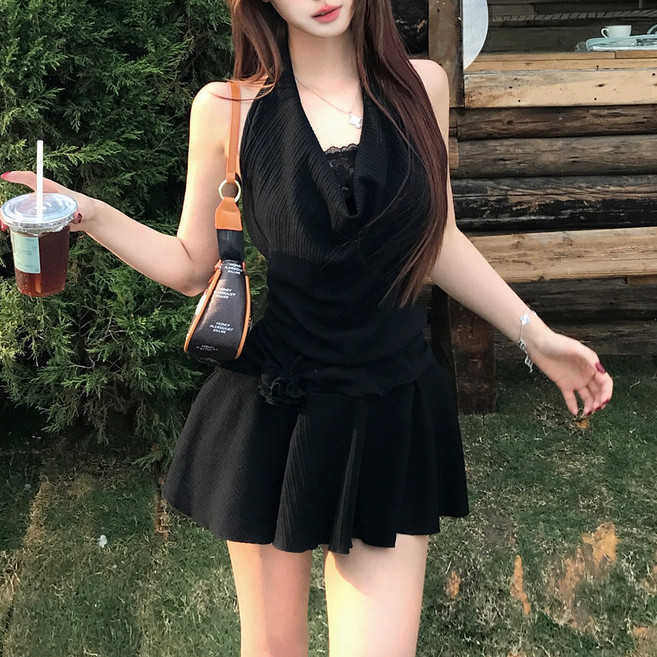 Asure 여성 원피스 홀터넥 미니 스커트 플레어 데이트룩