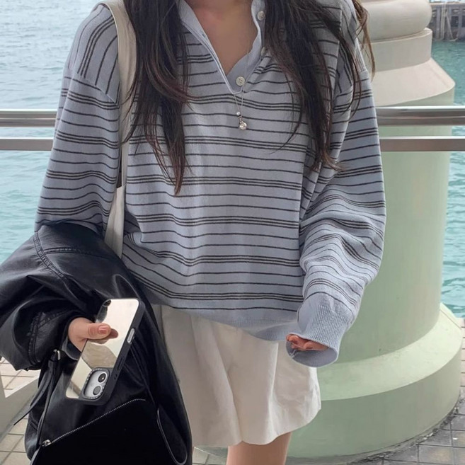 소소온 루즈핏 스트라이프 폴로 니트