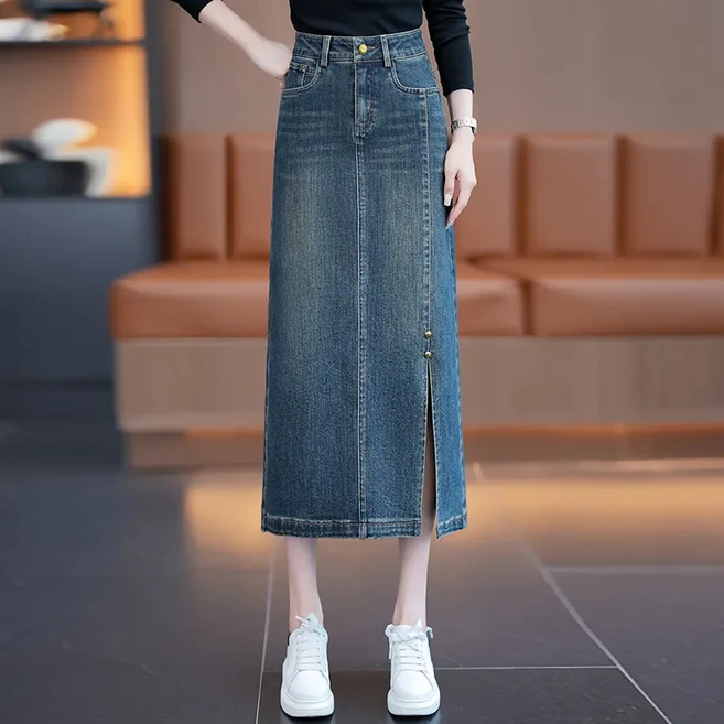 COSYEVNO 여성 하이웨이스트 데님 롱스커트 사이드 트임 봄가을 캐주얼 LFHnzq-18