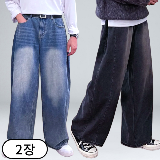 1+1 남자 청바지 빅사이즈 9부 10부 와이드 데님 팬츠 (6341-2)