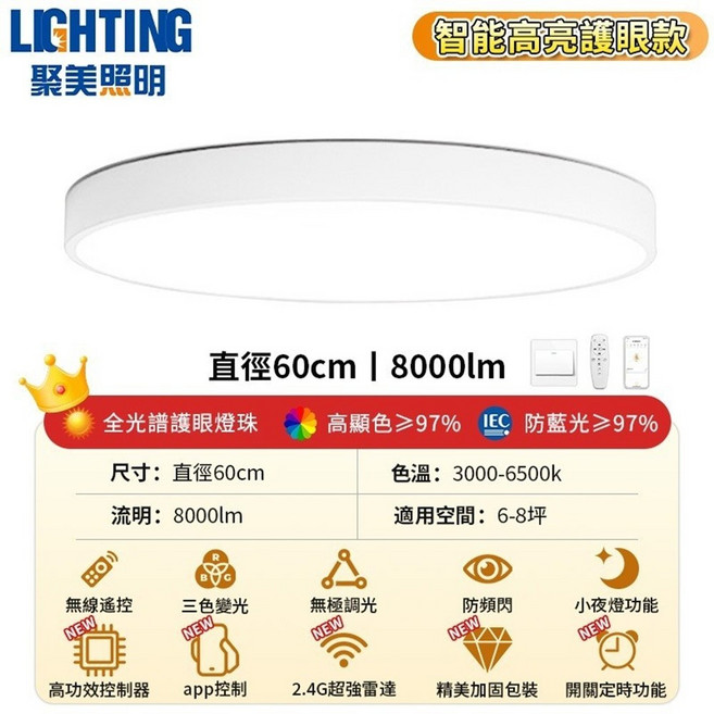 聚美照明 智能高亮護眼吸頂燈 直徑60cm 8000lm, 白色