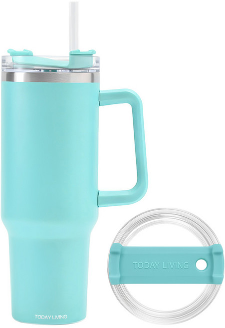 투데이리빙 1.18리터 대용량 스텐 텀블러 + 빨대 포함 손잡이 이중 보온 보냉병 아이스 스트로 플로우 보틀 리유저블 핸들 보냉 보온병 캠핑 콜드컵 물병 워터 물통 빨대컵, 1개, 1.18L, 민트