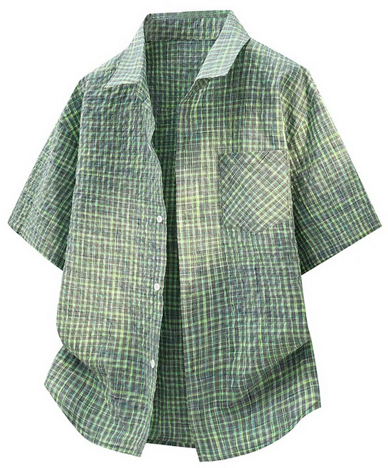 男款夏季薄款格紋棉質短袖襯衫 翻領休閒百搭半袖襯衣