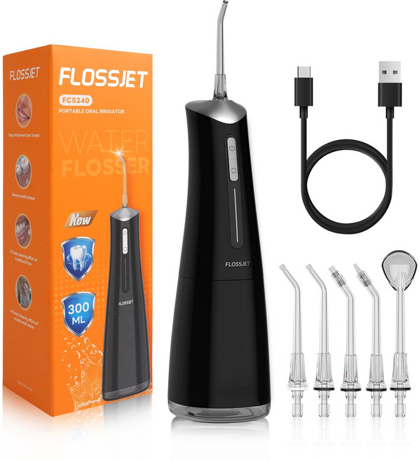 플로스젯 휴대용 구강세정기 강력한 물치실로 치간칫솔 대체 장시간 배터리 방수 설계 치아세정기 추천 이빨물청소 치아물청소, 검정색, FC5240