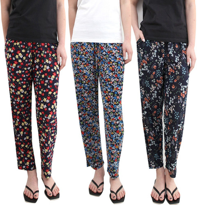 (3장)슬레진저 여성 꽃무늬 까실이 7부 9부 아이스 쿨팬츠 여름 잠옷 여자 파자마 쿨 바지 작업복 일바지 몸빼 하의
