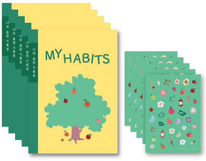 키즈바인더 습관기록장+스티커 세트 5권 (그린) 초등 노트 어린이 생활계획표