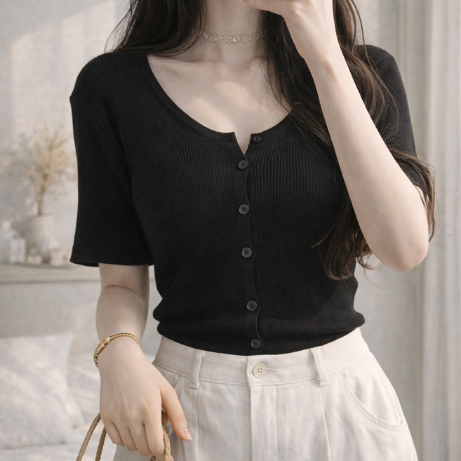 nanalshop 55~99 엄청난 신축성 여성니트 반팔가디건 반팔티 로운드 니트 오버핏 반팔 니트