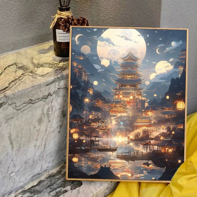 鑽石貼畫手工DIY治愈風景滿鑽客廳臥室裝飾貼畫, 海生明月款式二,圓鑽畫布尺寸30*40+含工具