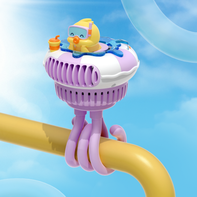 애니버디즈 휴대용 유모차 선풍기 문어발, 퍼플덕, 퍼플덕