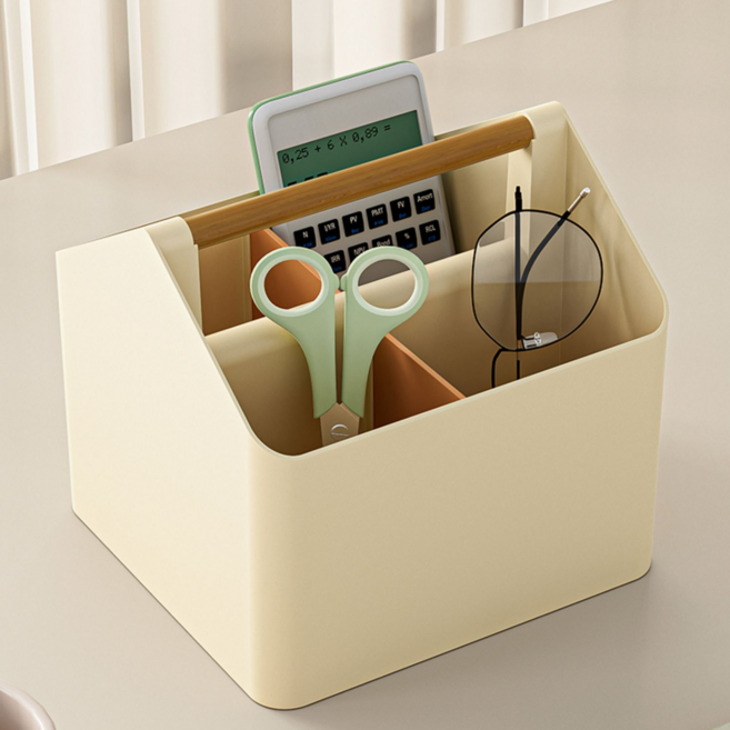 락톡마켓 이동식 우드 손잡이 데스크 오거나이저 수납박스 문구정리함 인테리어 소품함 칸막이형, 아이보리, 1개