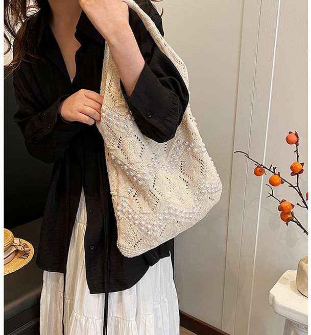 앨오앤지 여성 진주 포인트 니트 뜨개 에코백