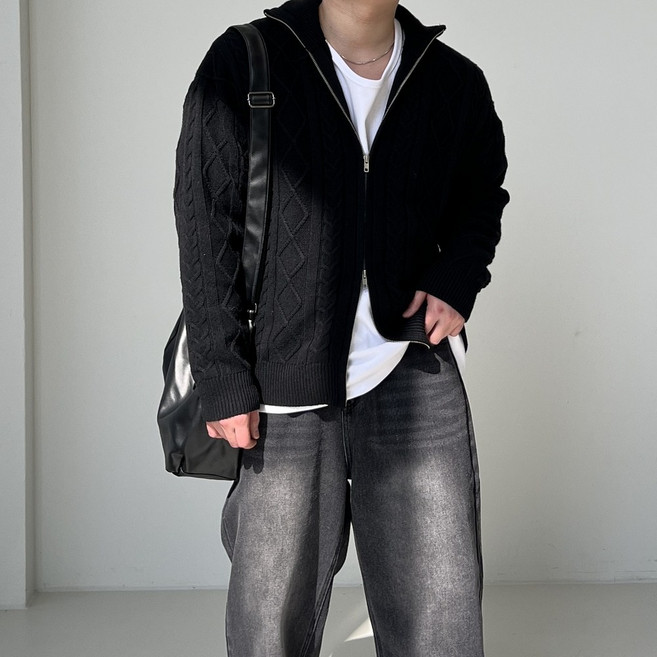 밸류젯 WOOL 40 투웨이 하이넥 남자 꽈배기 케이블 니트집업 가디건