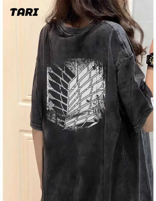 고우리 코튼 진격의거인 레트로 조사병단 반팔 티셔츠 블랙(날개) M