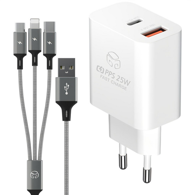 디지지 PD 25W PPS 2포트 초고속 충전기 + 3in1 스카이메타 멀티 케이블 120cm 세트, 화이트(충전기), 메탈실버(케이블), 1세트