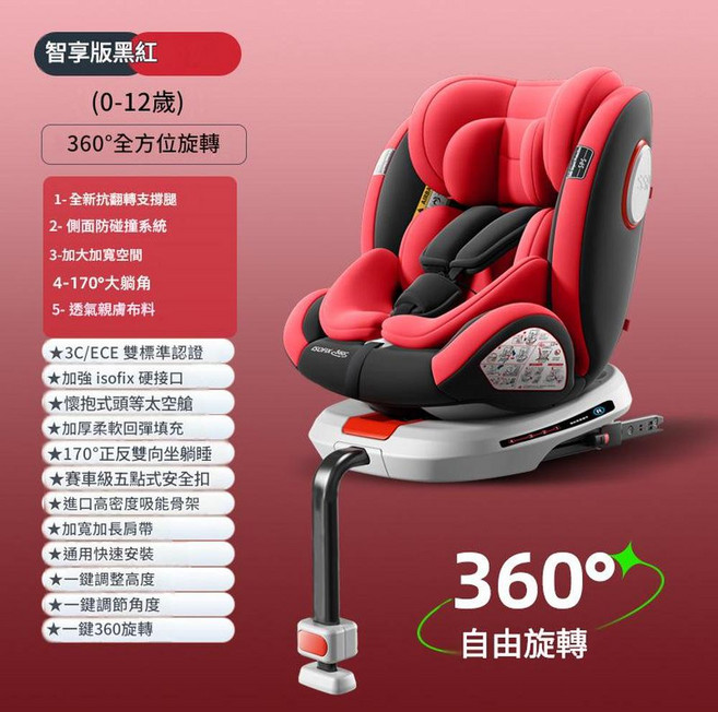 嬰兒安全座椅, 智享版黑紅 抗翻轉支撐腿 360度旋轉 鋼架 90度懸停 170度躺角 加大加寬, 1個