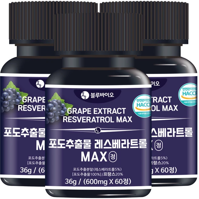 포도추출물 레스베라트롤 MAX 600mg, 3개, 60정 - 쿠팡