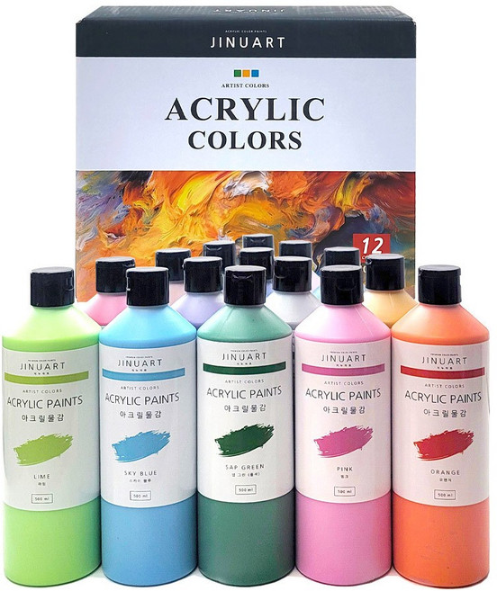 지누아트 아크릴물감세트 12색 대용량 KC인증 어린이 안전인증 500ml, 12색(A타입)