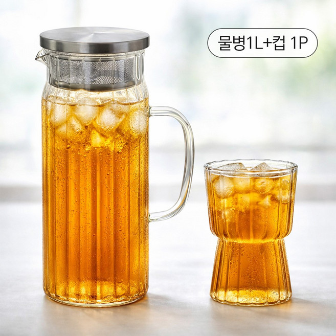 옵티머스 스텐 304 뚜껑 내열유리 물병 + 유리컵 1p 세트, 2세트, 1000ml, 투명