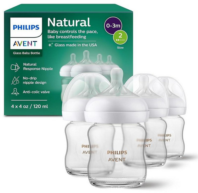 140980 Philips AVENT 자연스러운 반응 젖꼭지가 있는 유리 천연 아기 젖병 226.8g(8온스) 1팩 SCY913/01, 4 Ounce (Pack of 4)