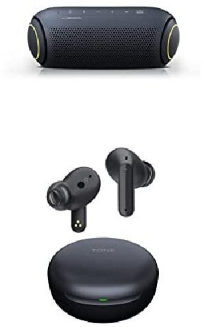 LG XBOOM Go 스피커 PL5 휴대용 무선 블루투스 듀얼 액션 베이스 Sound by Meridian 방수 사운드 부스트 EQ 18시간 배터리 수명 LED 조명 - 블랙, 자오선 사운드 팩  PL5 + TONE FP5, 자오선 사운드 팩  PL5 + TONE FP5