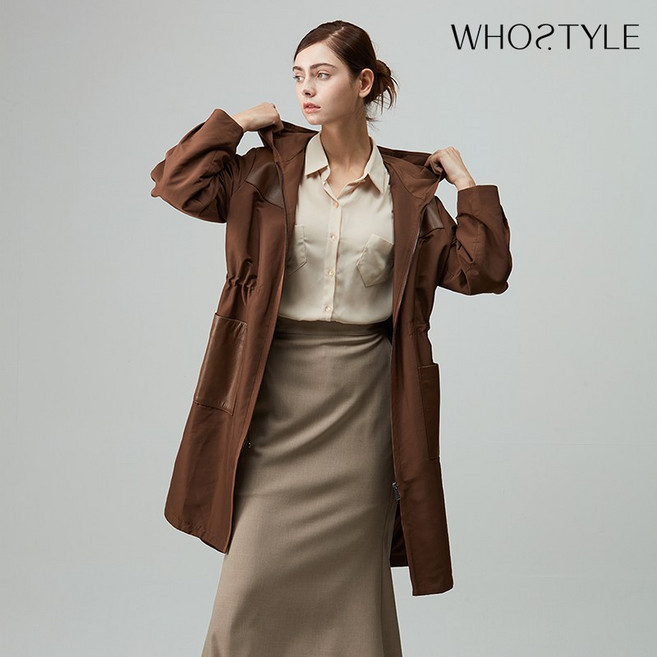 후스타일 여성 레더 믹스 후드 롱 집업 코트 브라운