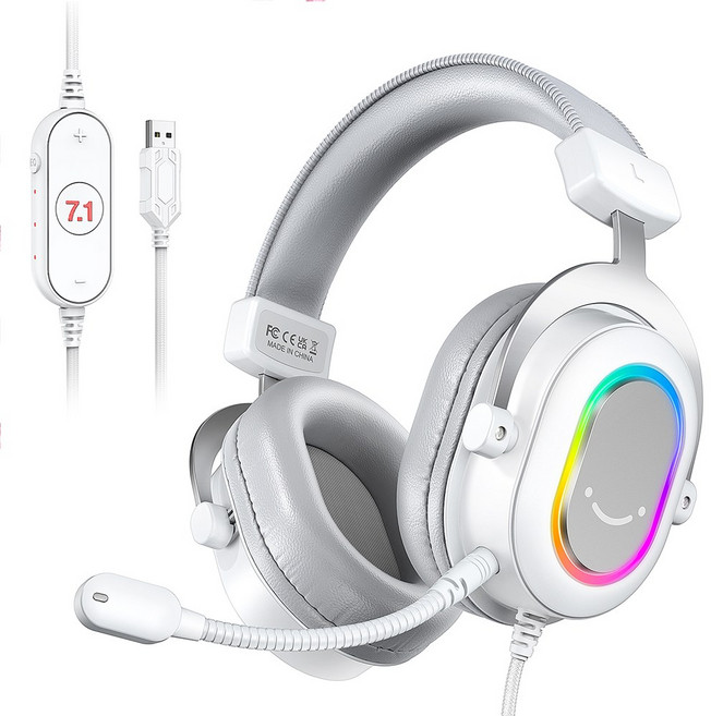 피파인 가성7.1채널 레이보우 RGB 노이즈캔슬링 마이크 USB 유선 EQ모드 3D 총경량 게이밍 헤드셋 스트리밍 컴퓨터 PS4 PS5 H6, 하얀색