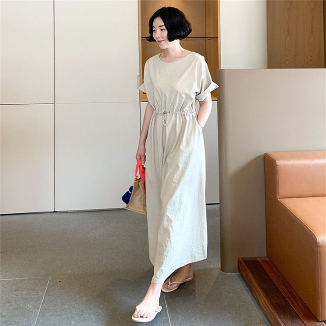 BIIMTEE 여성 빅사이즈 롱 반팔 원피스 프렌치 라운드넥 셔링 셔츠형