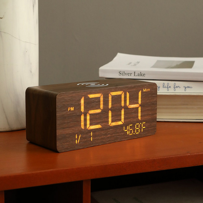 코튼렛 우드 LED 무선충전 알람 디지털 탁상시계, 브라운